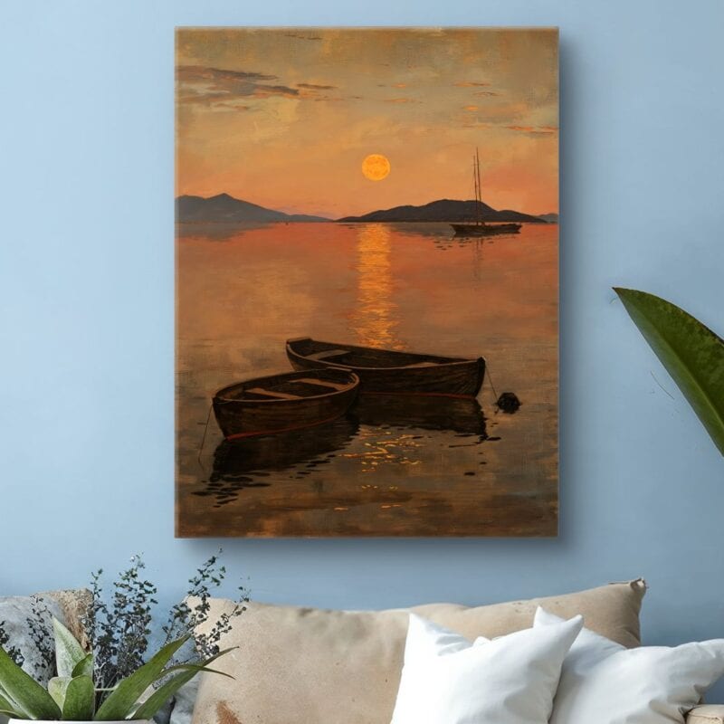Obraz na płótnie do salonu łodzie zachód słońca