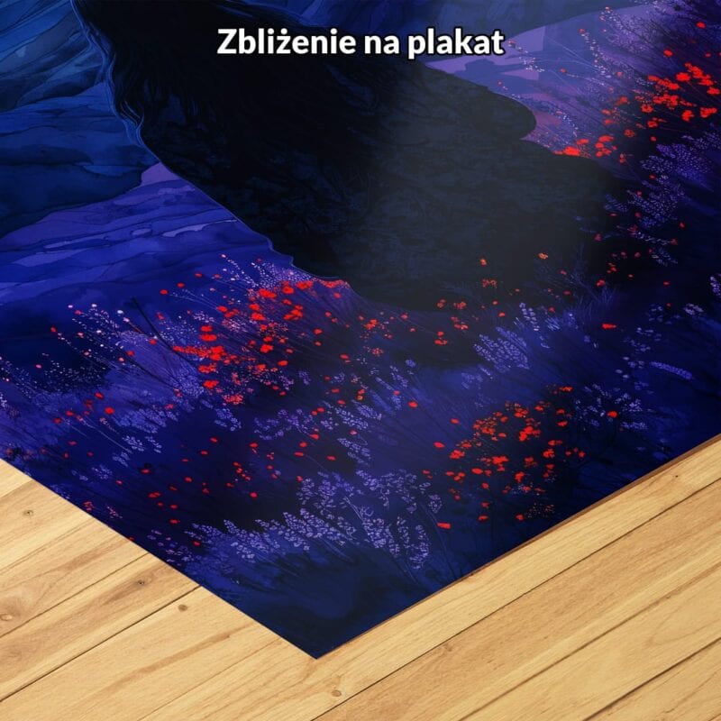 Plakat do salonu z postacią i czerwonym księżycem