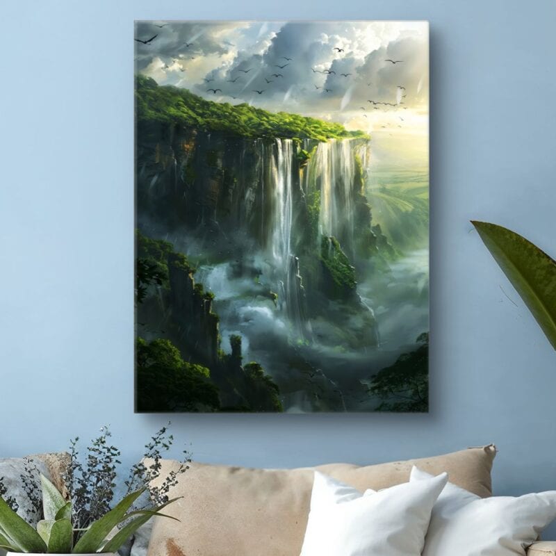 Plakat do salonu fantasy wodospady bujny krajobraz