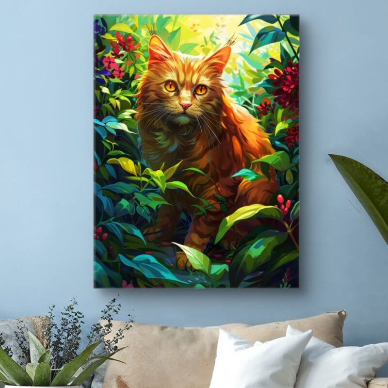Plakat realistyczny pomarańczowy kot gąszcz zieleni