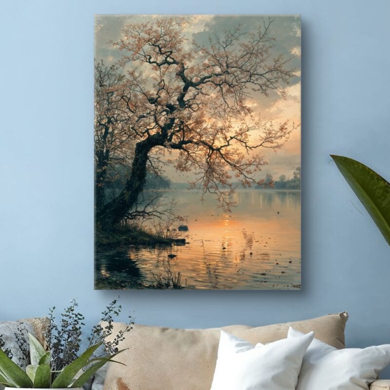 Obraz na płótnie samotne drzewo jezioro zachód słońca