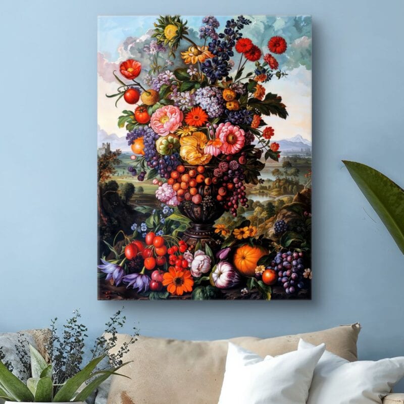 Obraz na płótnie martwa natura kwiaty w wazonie owoce