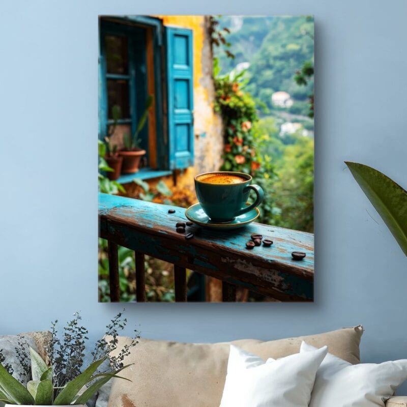 Plakat do kuchni i jadalni kawa na balustradzie