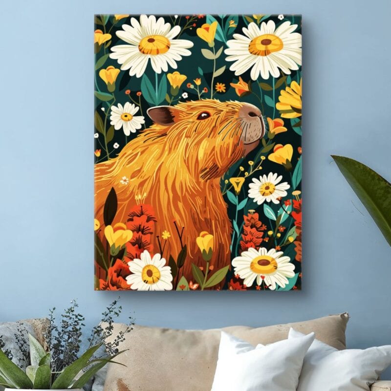 Plakat do salonu kapibara wśród kwiatów nowoczesny