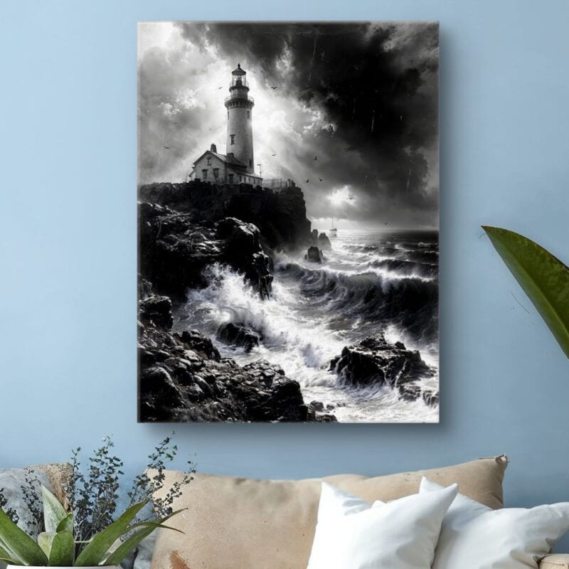 Plakat morze wybrzeże latarnia morska burza do biura