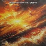 pomarańczowy granatowy żółty częściowo abstrakcyjny obraz na ścianę do sypialni Obraz zachód słońca nad wzburzonym morzem