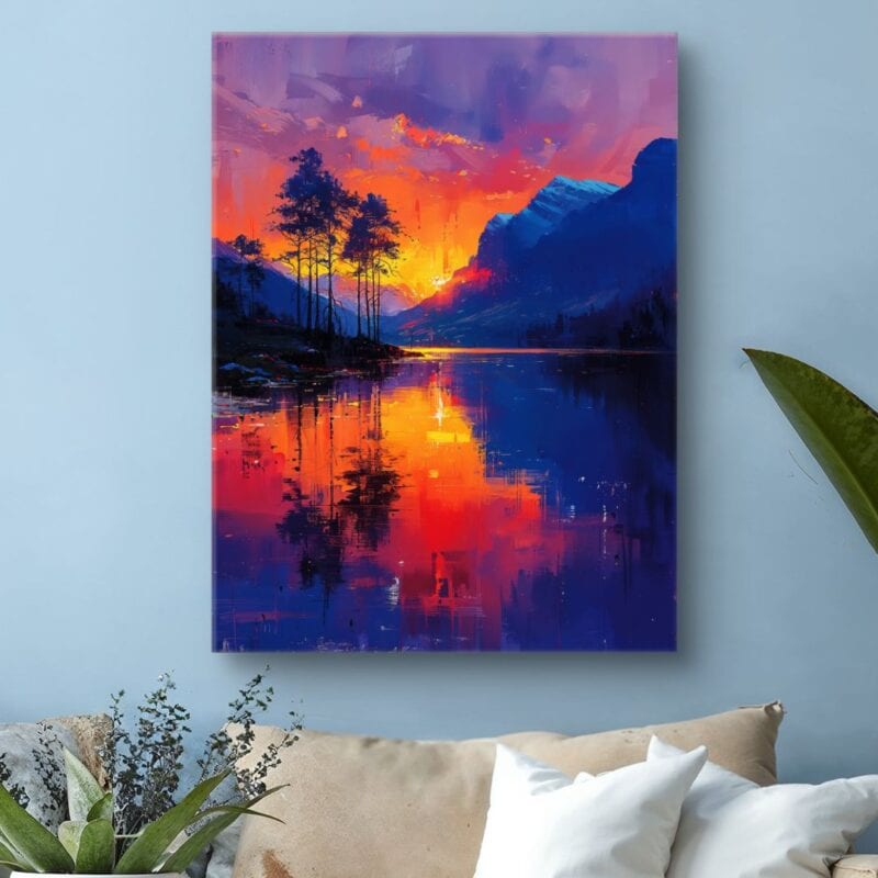 Obraz do salonu zachód słońca nad górskim jeziorem