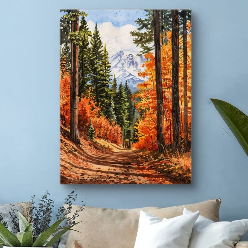 Obraz jesienny las z górami do salonu