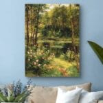 Obraz letni krajobraz leśny ze stawem i różami Obraz letni krajobraz leśny ze stawem i różami