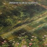 zielony brązowy różowy realistyczny obraz na ścianę do sypialni Obraz letni krajobraz leśny ze stawem i różami