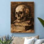 Obraz do salonu czaszka na książkach