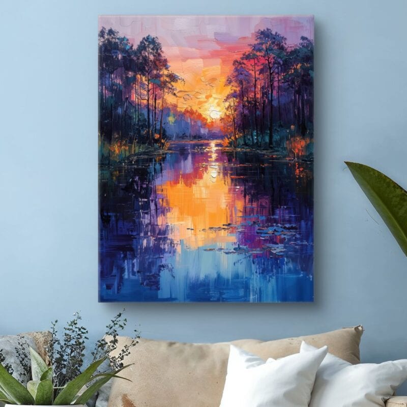 Obraz wschód słońca nad jeziorem impresjonizm
