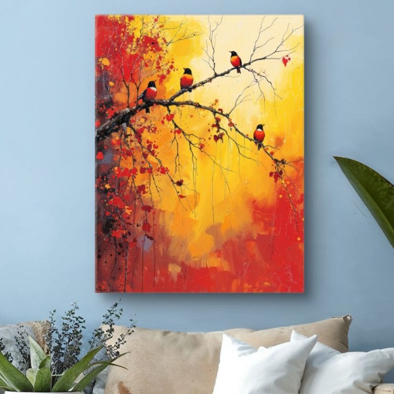 Obraz jesienne ptaki na gałęzi do salonu