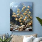 Obraz kwitnące kwiaty na tle górskiego pejzażu Obraz kwitnące kwiaty na tle górskiego pejzażu