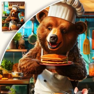 Plakat Niedźwiedź w kuchni z naleśnikami
