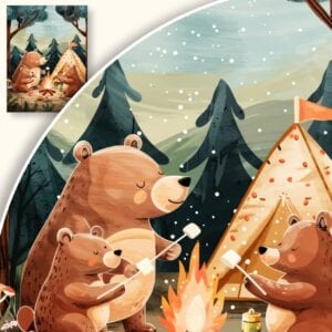 Plakat Rodzina misiów przy ognisku