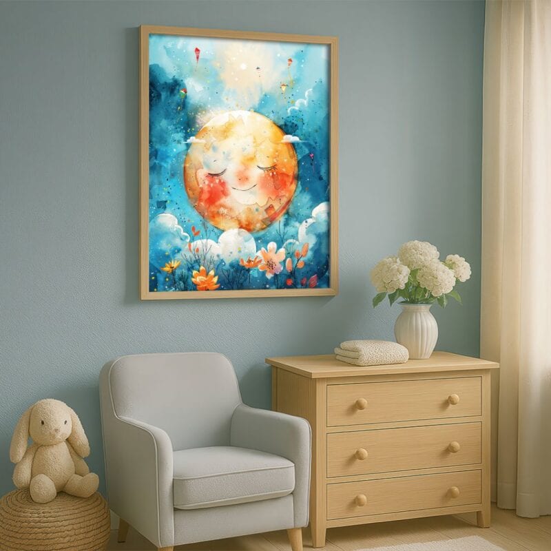 niebieski pomarańczowy biały częściowo abstrakcyjny plakat na ścianę do przedszkola