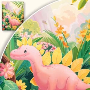 Plakat Różowy Dinozaur w Tropikalnym Ogrodzie