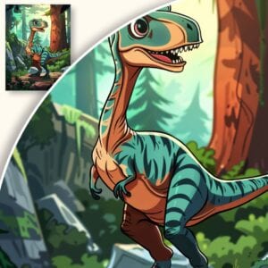 Plakat Sympatyczny Dinozaur w Barwnym Lesie