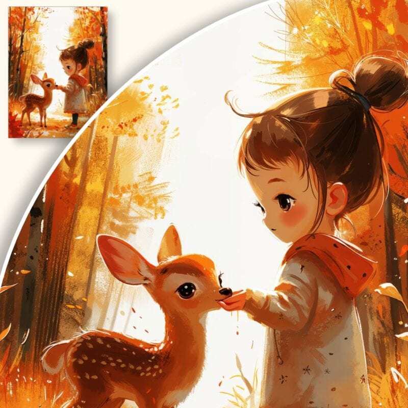 Plakat Jesienne spotkanie dziecka i sarny