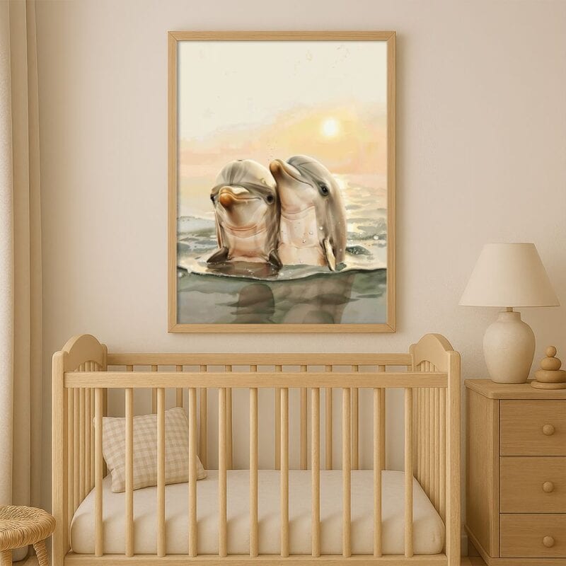 Plakat do pokoju dziecka delfiny i zachód słońca