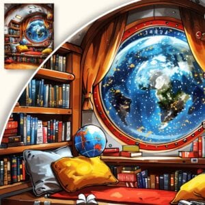 Plakat Kosmiczna Biblioteka z Widokiem na Ziemię