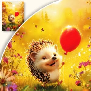 Plakat Uśmiechnięty jeż z balonikiem w bajkowej łące