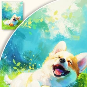 Plakat Radosny pies Corgi na trawie