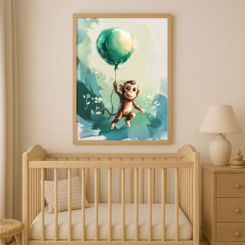 Plakat do pokoju dziecka małpa z balonem nowoczesny