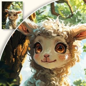 Plakat Uśmiechnięta młoda owca w lesie