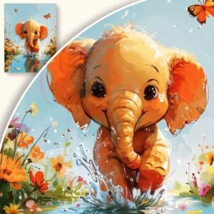 Plakat Figlarne słoniątko w kwiecistej scenerii