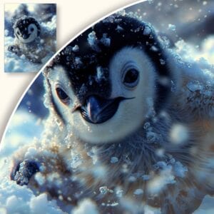 Plakat Młody pingwin w zimowej scenerii