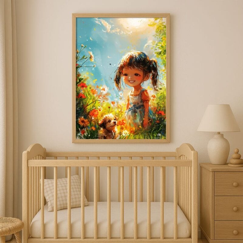 Plakat na płótnie dziewczynka z pieskiem wśród kwiatów do pokoju dziecięcego boho