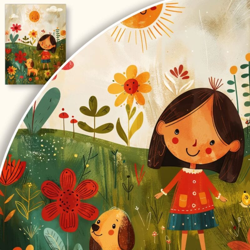 Plakat Dziewczynka i pies w ogrodzie