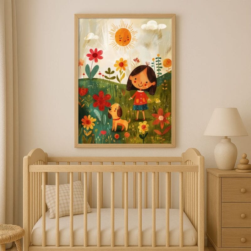 Plakat do pokoju dziecka dziewczynka i pies w ogrodzie