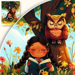 Plakat Dziewczynka pod drzewem z książką i sową