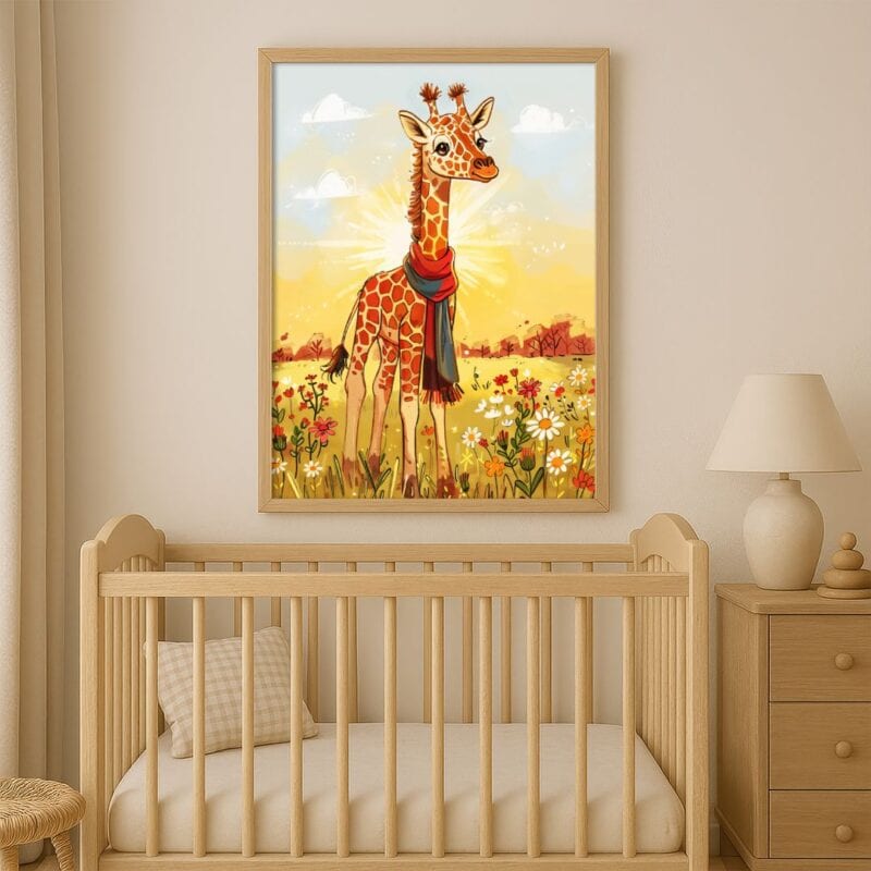 Plakat zwierzęta egzotyczne żyrafa do pokoju dziecka na łące