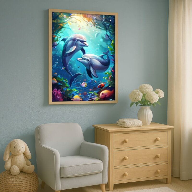 niebieski zielony szary realistyczny plakat na ścianę do przedszkola