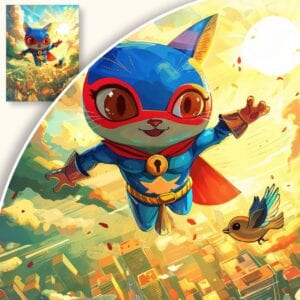 Plakat Kocia przygoda superbohatera nad miastem