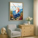 niebieski pomarańczowy biały częściowo abstrakcyjny plakat na ścianę do przedszkola