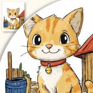 Plakat Uroczy kot przed drewnianą chatą