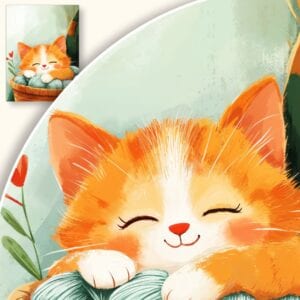 Plakat Radosny kotek w koszyku z włóczką