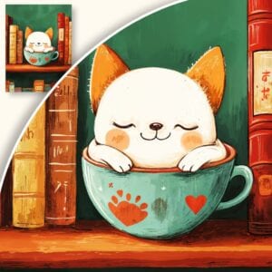 Plakat Kotek w filiżance z książkami