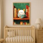 Plakat do pokoju dziecięcego kotek w filiżance z książkami Plakat do pokoju dziecięcego kotek w filiżance z książkami