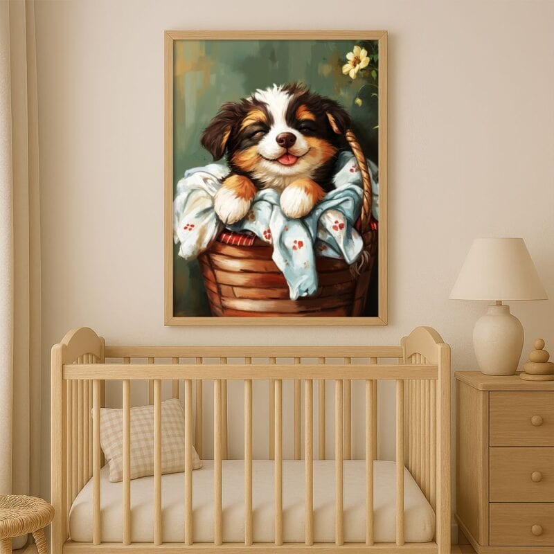 Plakat do salonu pies w koszyku nowoczesny realistyczny