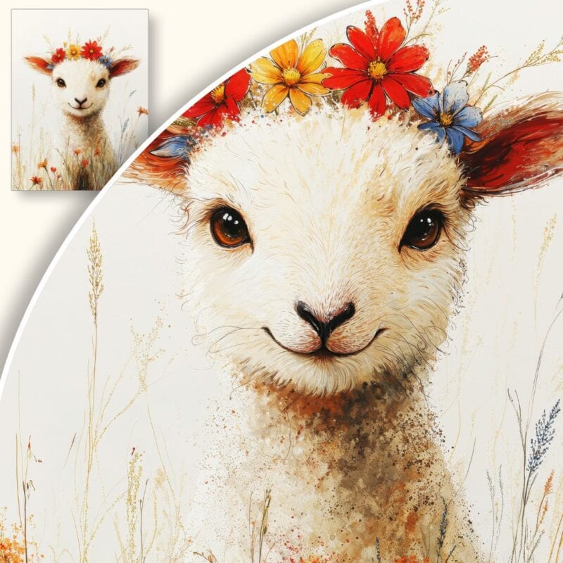 Plakat Uśmiechnięty baranek w kwietnym wianku