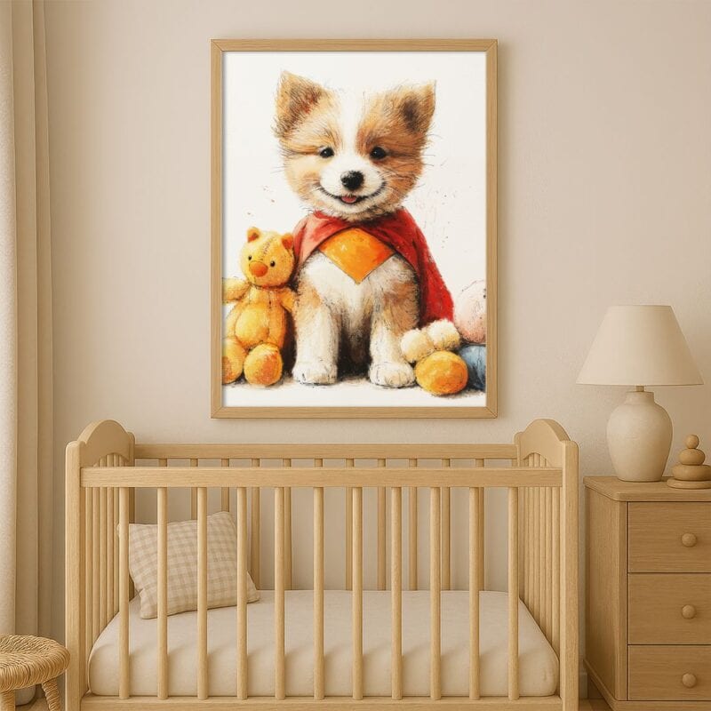 Plakat dla dzieci pies superbohater z misiem ciepła kolorystyka