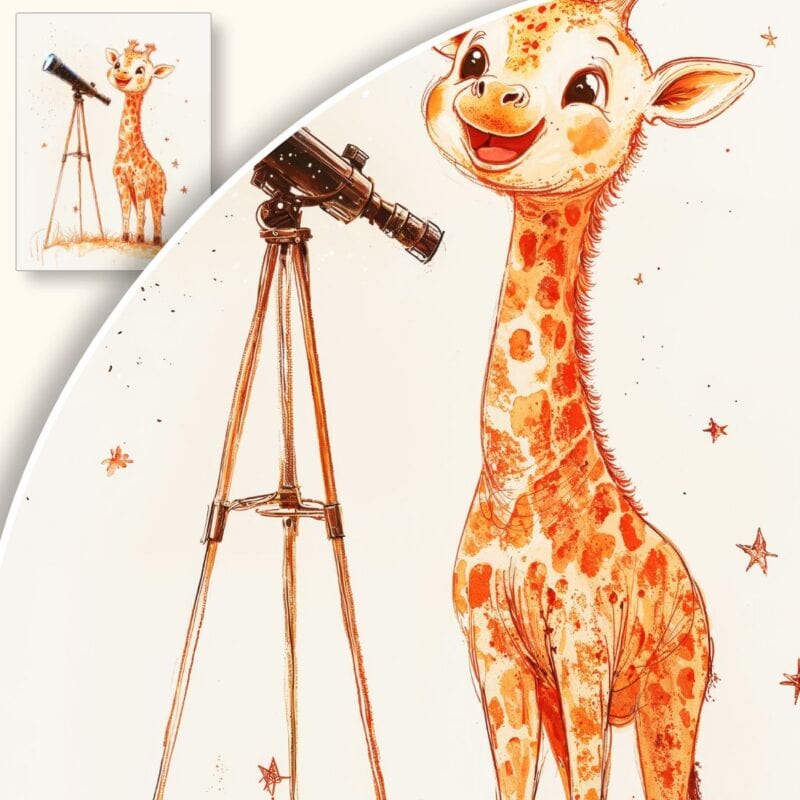 Plakat Zaciekawiona żyrafa z teleskopem