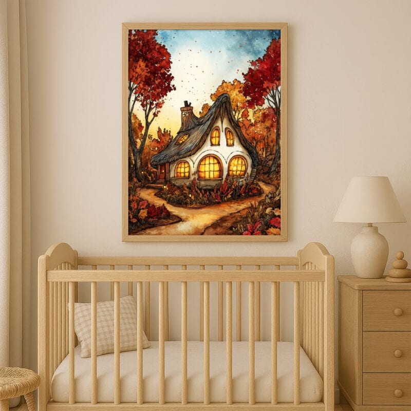 Plakat jesienny domek bajkowy do pokoju dziecięcego