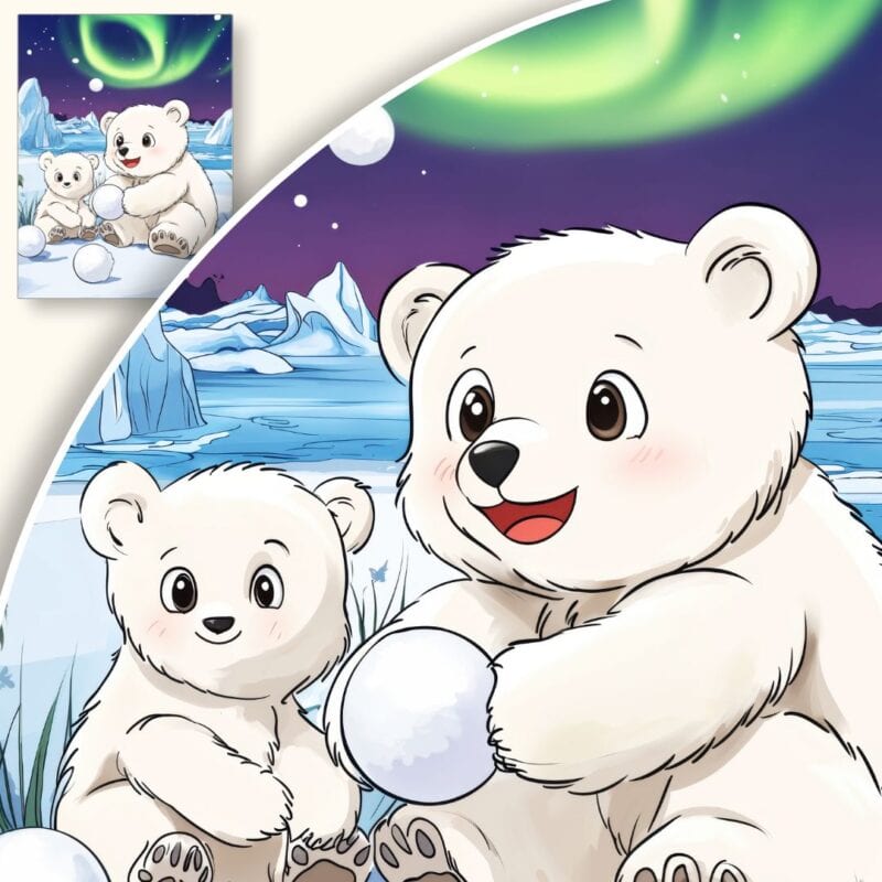 Plakat Zimowa zabawa niedźwiedzi polarnych pod zorzami